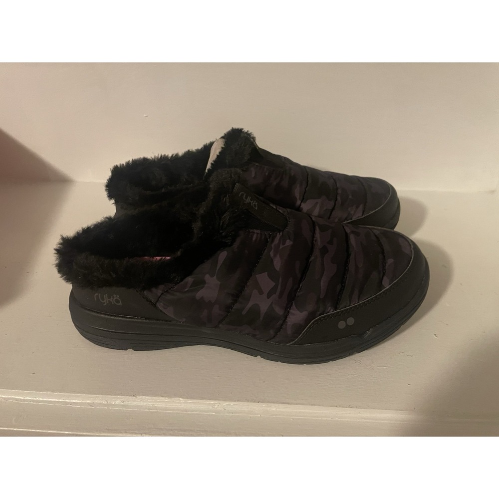 Ryka Nylon Camo Faux Fur Slip-On Mules - Anise Camo In Black Bean Size 7.5 - NIB